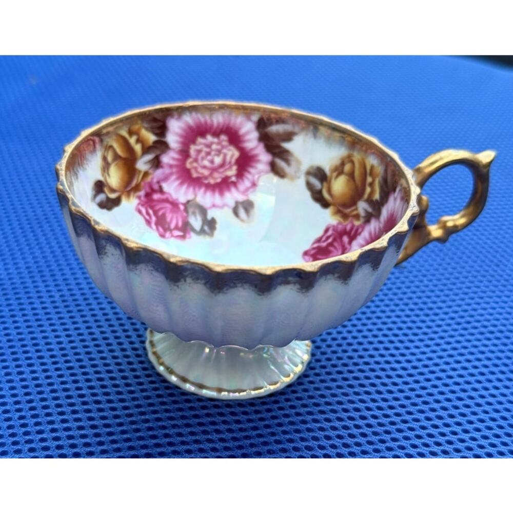 Vintage Fan Crest Luster Pink & Gold Fine China Teacup, Japan, No Chips/ Cracks